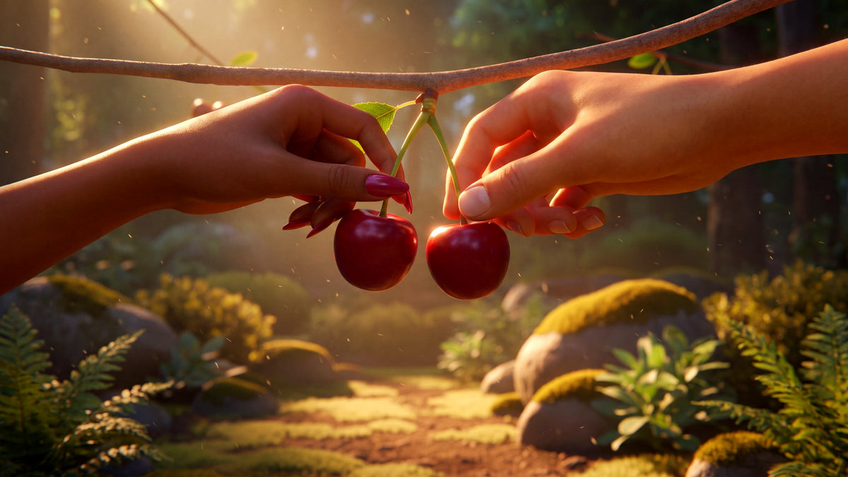 Deux mains cueillent ensemble une paire de cerises