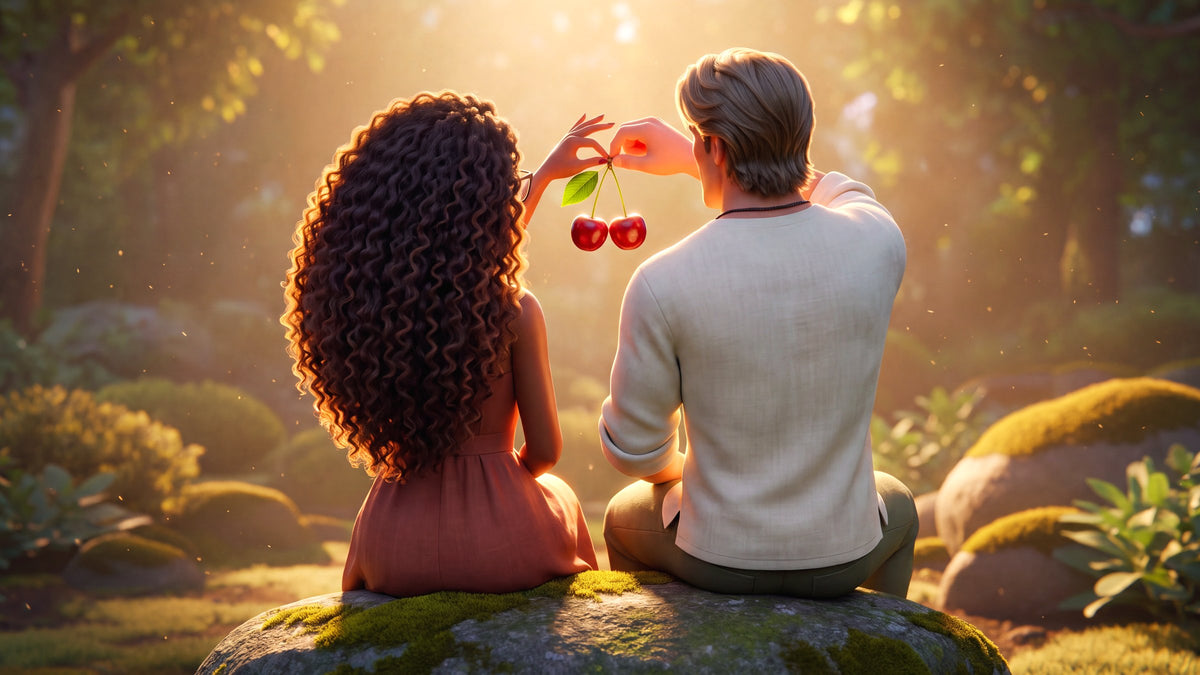 Tom et Mila, assis de dos sur un rocher moussu, mangent ensemble une paire de cerises