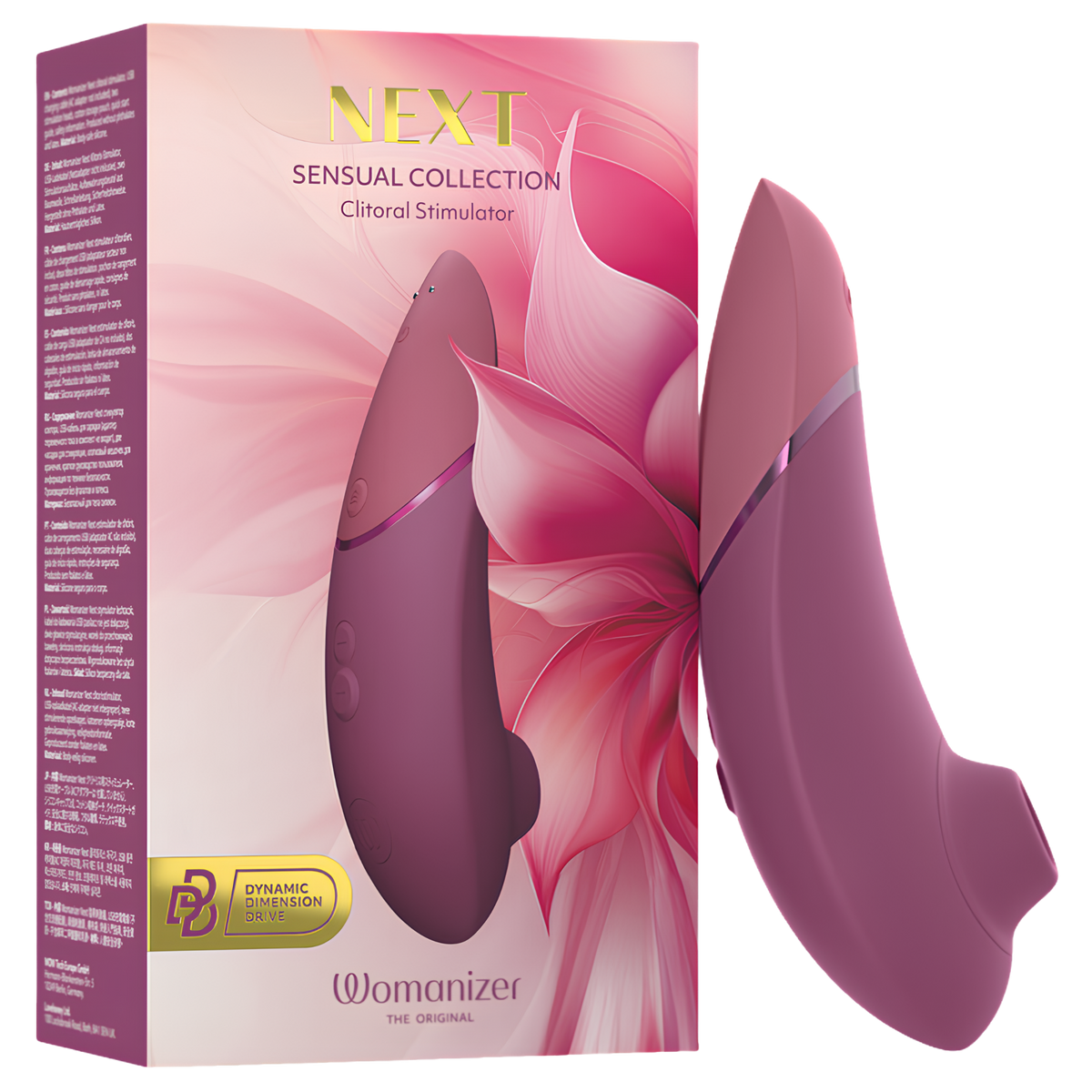 Stimulateur clitoridien Womanizer Next rose fondu, édition Sensual Collection, et sa boîte