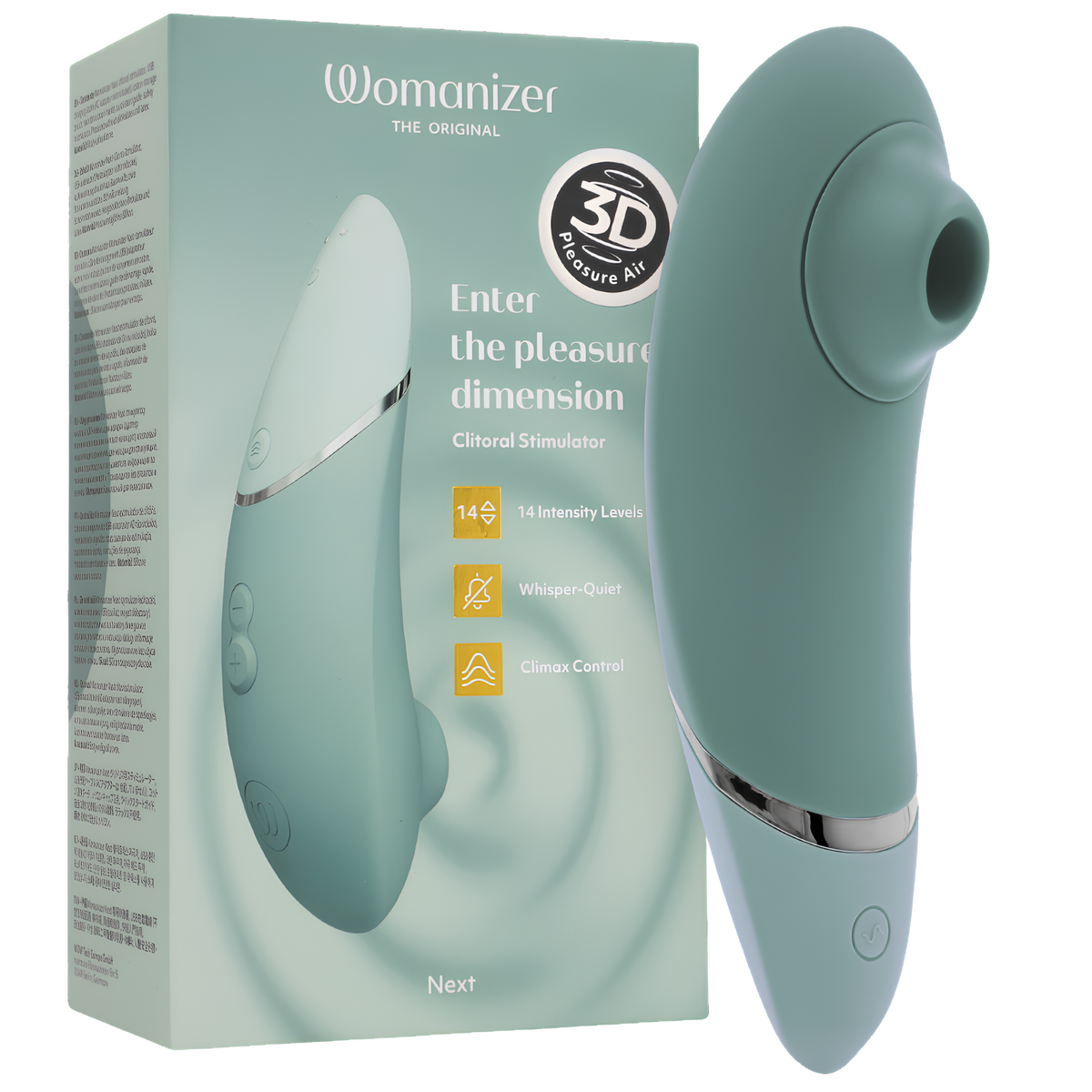 Stimulateur clitoridien Womanizer Next sauge et sa boîte