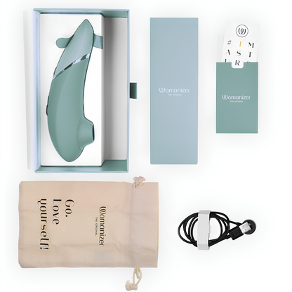 Contenu du coffret du Womanizer Next sauge : stimulateur, câble et pochette