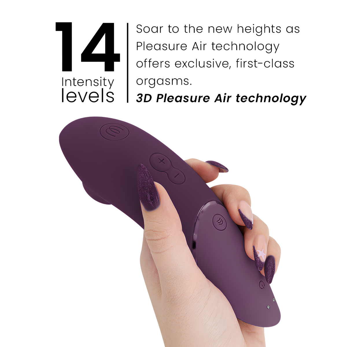 Womanizer Next violet foncé en main, 14 niveaux d'intensité