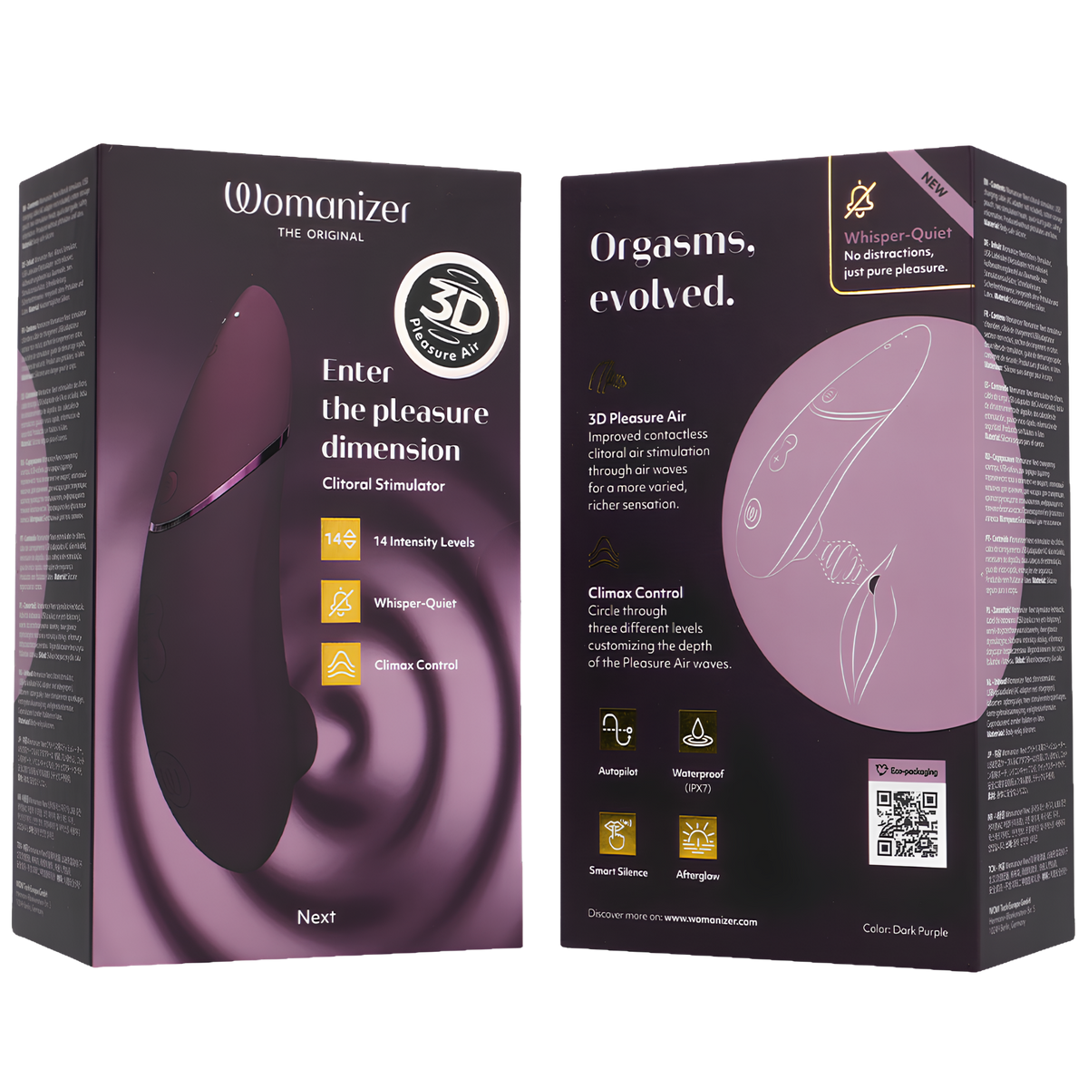 Boîte du Womanizer Next violet foncé, recto et verso