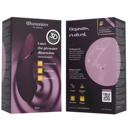 Boîte du Womanizer Next violet foncé, recto et verso