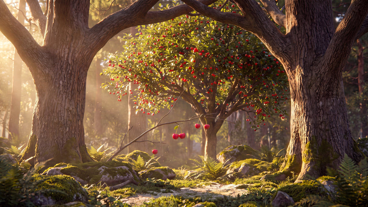 Une clairière à l'abri, fermée par deux grands arbres, un cerisier chargé de cerises