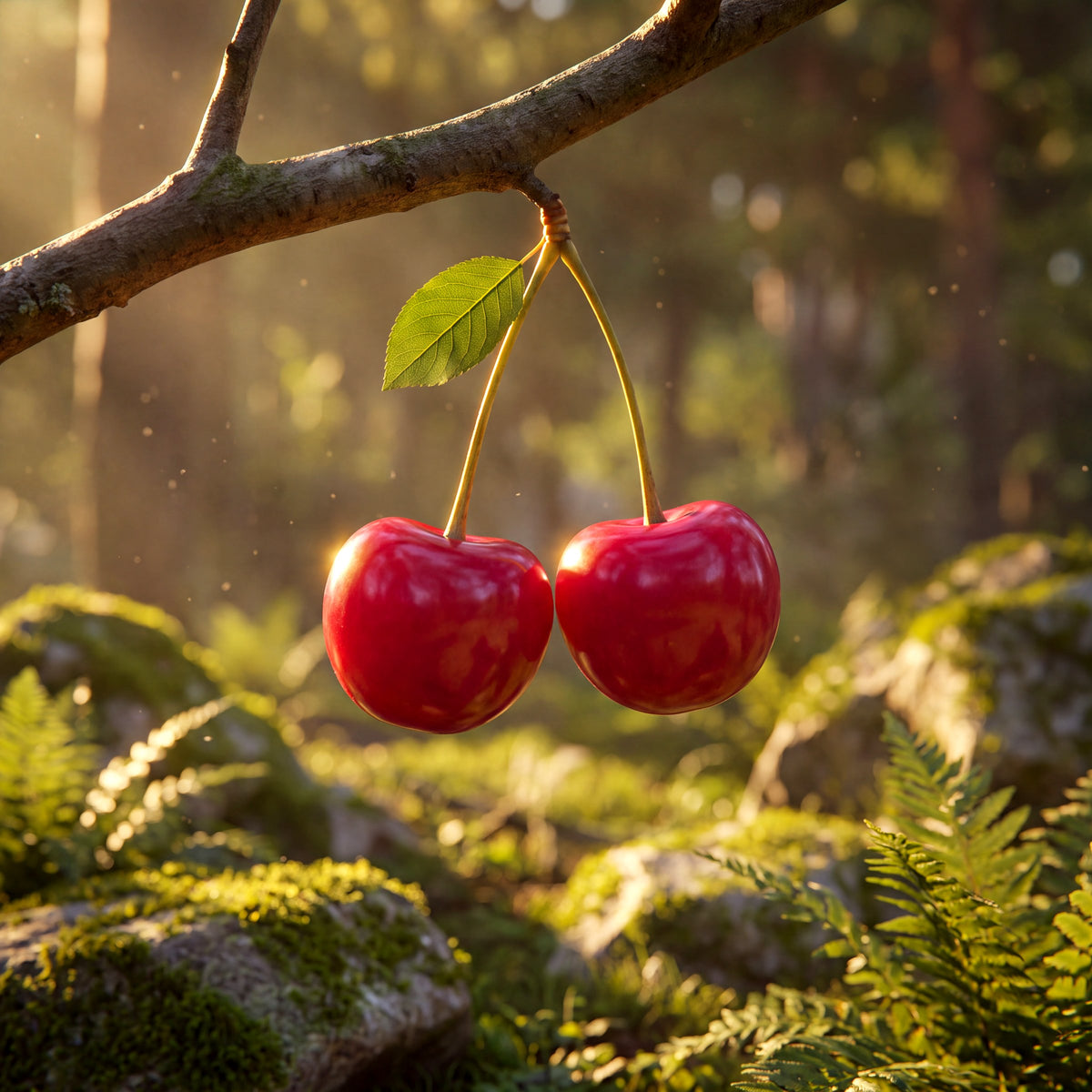 Une paire de cerises mûres sur sa branche